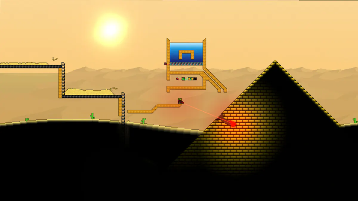 A Sandustry factory and ancient pyramid in a destructible desert landscape.